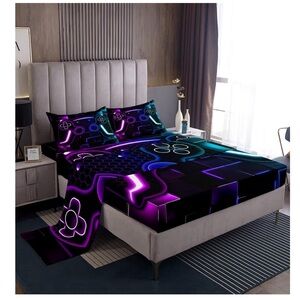 Full size, Neon Gamer Graphic Bed Sheet Set - Black & Purple